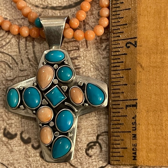 Jay King DTR turquoise coral sterling silver cross pendant necklace - Picture 6 of 11